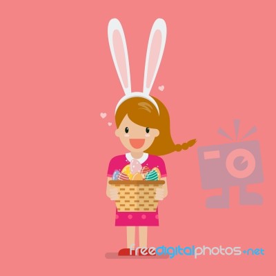 Girl With Bunny Ears Mask Holding Basket Full Of Easter Eggs Stock Image