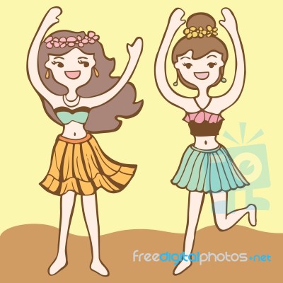 Girls Dancing Hula, Cartoon Illustration Stock Image