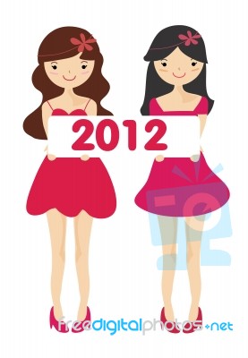 Girls Holding 2012 New Year Card Stock Image