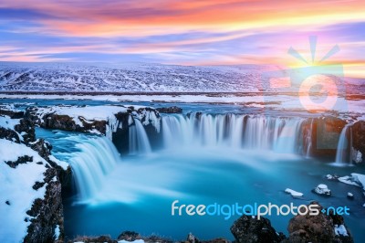 Godafoss Waterfall At Sunset In Winter, Iceland Stock Photo