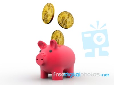 Golden Dollar Coins Falling Into A Pink Piggy Bank Stock Image