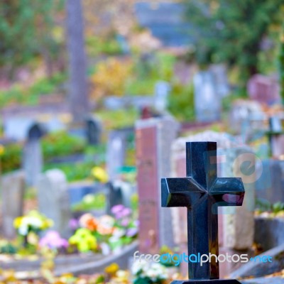 Granite Cross On Christian Cemetery Stock Photo