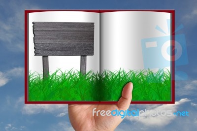 Green Grass In Book And Wooden Sign Stock Image