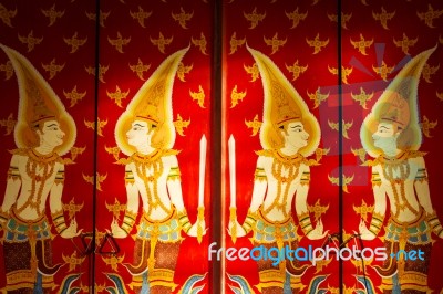 Guardian Angels Painting On Thai Temple's Door Stock Photo