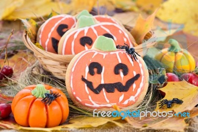 Halloween Decor Pumpkin Cookies Stock Photo