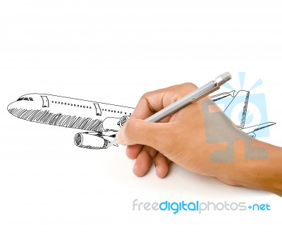 Hand Drawing Airplane For Travel Stock Photo
