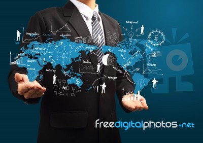 Hand Holding Business Strategy Plan Drawing Concept Idea On World Map Stock Image