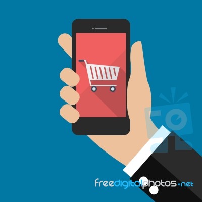 Hand Holding Smartphone With Cart Icon Stock Image