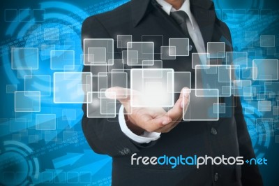 Hand Holds Touch Screen  Buttons Stock Photo