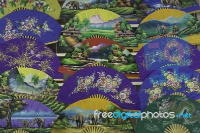 Hand Made Bamboo Fan With Colorful Art Painting Stock Photo