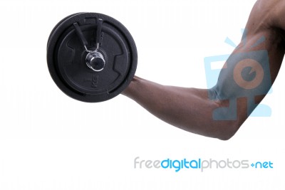 Hand Of Man With Dumbbell On White Background Stock Photo