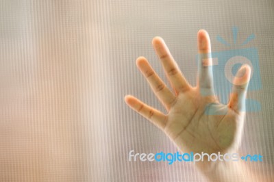 Hand On Frosted Glass Stock Photo