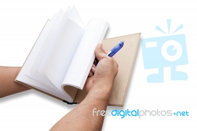 Hand Opening Blank Page Notebook Stock Photo