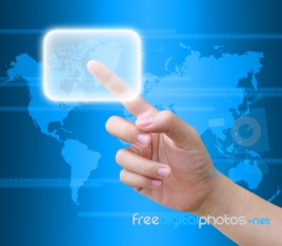 Hand Pushing A Button On A Touch Screen Interface Stock Photo
