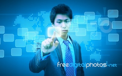 Hand Pushing A Button On A Touch Screen Interface Stock Photo