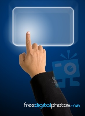 Hand Pushing Touch Screen Stock Photo