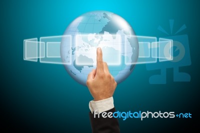 Hand Pushing Touch Screen Stock Image