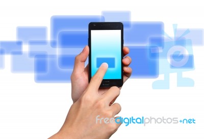 Hand Touching Button On  Mobile Stock Photo