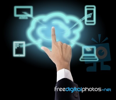 Hand Touching Cloud Computing Stock Photo