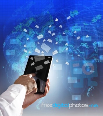 Hand Touching On Computer Tabllet Sending Message To World Net W… Stock Photo