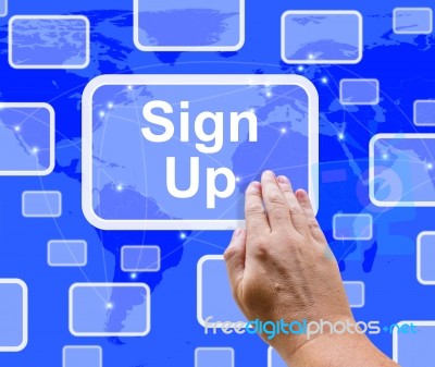 Hand Touching Sign Up Button Stock Photo