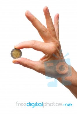 Hand With One Coin Euro Stock Photo