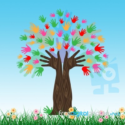 Handprints Tree Shows Hands Together And Artwork Stock Image