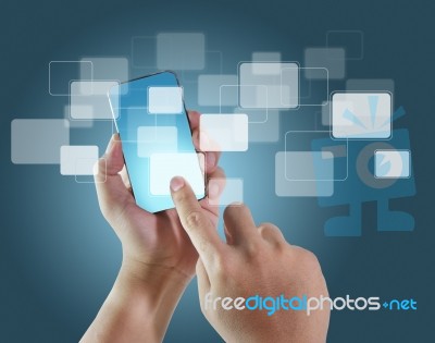 Hands Are Holding And Pointing On Smart Phone Stock Photo