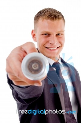 Handsome Young Executive Holding Electric Bulb Smiling Stock Photo