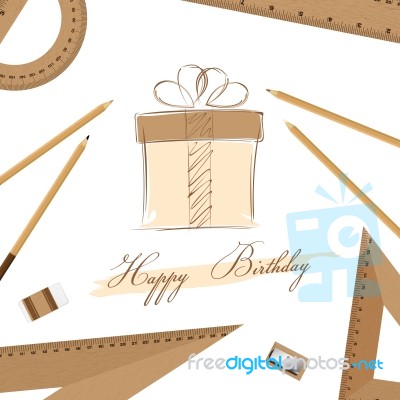 Happy Birthday And Gift Box For Sketch Design On White Card Background Stock Image