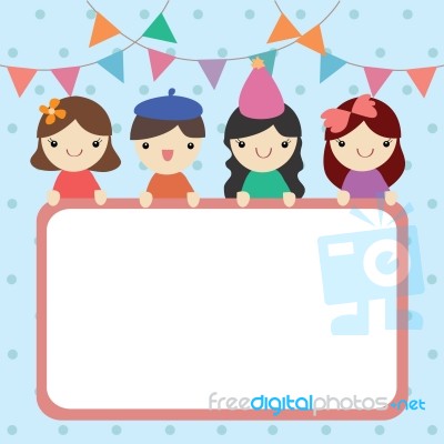 Happy Boy And Girl With White Board On Party Theme Background Stock Image