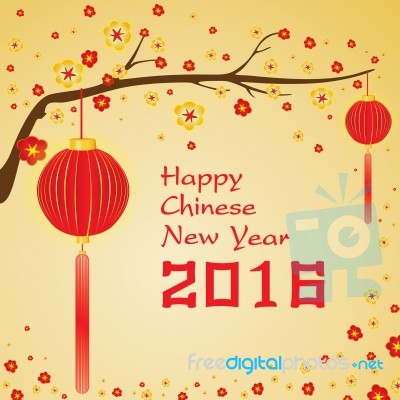 happy chinese new year 2016 card and colorful flower on gold