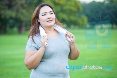 Fat Fit Woman Posing Outdoor Stock Photo