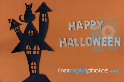 Happy Halloween  With Haunted House Castle And Black Cat On Oran… Stock Photo