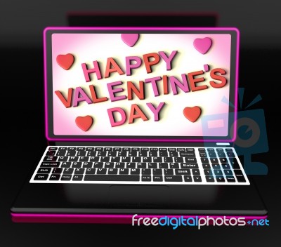 Happy Valentine's Day On Laptop Showing Celebrating Love Stock Image