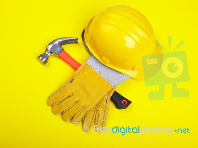 Hard Hat Hammer And Leather Glovesc Stock Photo