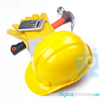Hat Hammer Calculator and Gloves Stock Photo