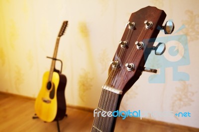 Head Of Acoustic Six-string Guitar Stock Photo