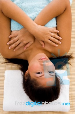 High Angle View Of Adult Woman In Towel Stock Photo