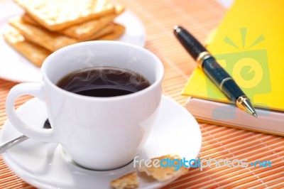Hot Coffee Cup With Bread Stock Photo
