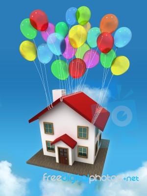 House With Balloon In The Sky Stock Photo