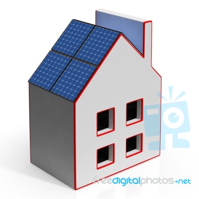 House With Solar Panels Shows Renewable Energy Stock Image