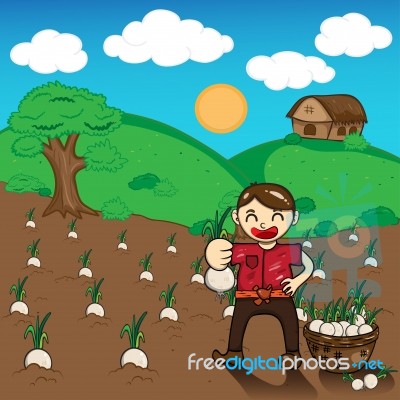 Illustration Of Cartoon Farmers Harvest Onions, Growing A Conver… Stock Image