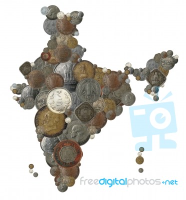 Indian Map With Indian Coins Stock Photo