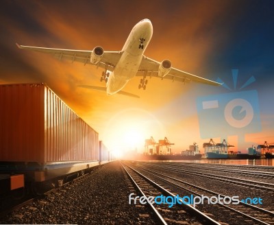 Industry Container Trainst Running On Railways Track Plane Cargo… Stock Photo