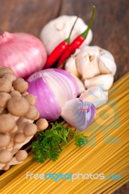 Italian Pasta And Mushroom Sauce Ingredients Stock Photo
