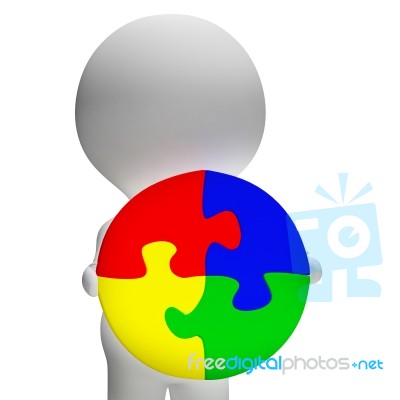 Jigsaw Solution And 3d Character Showing Solution Or Wholeness Stock Image