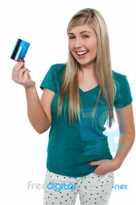 Joyous Teenager Displaying Credit Card Stock Photo