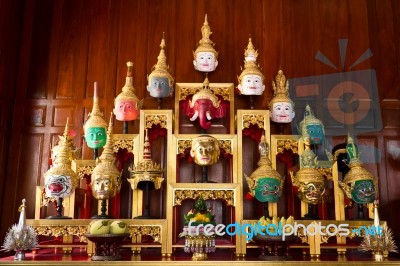 Khon Masks Set Of Altar Table Stock Photo