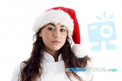 Lady Chef Wearing Christmas Hat Stock Photo